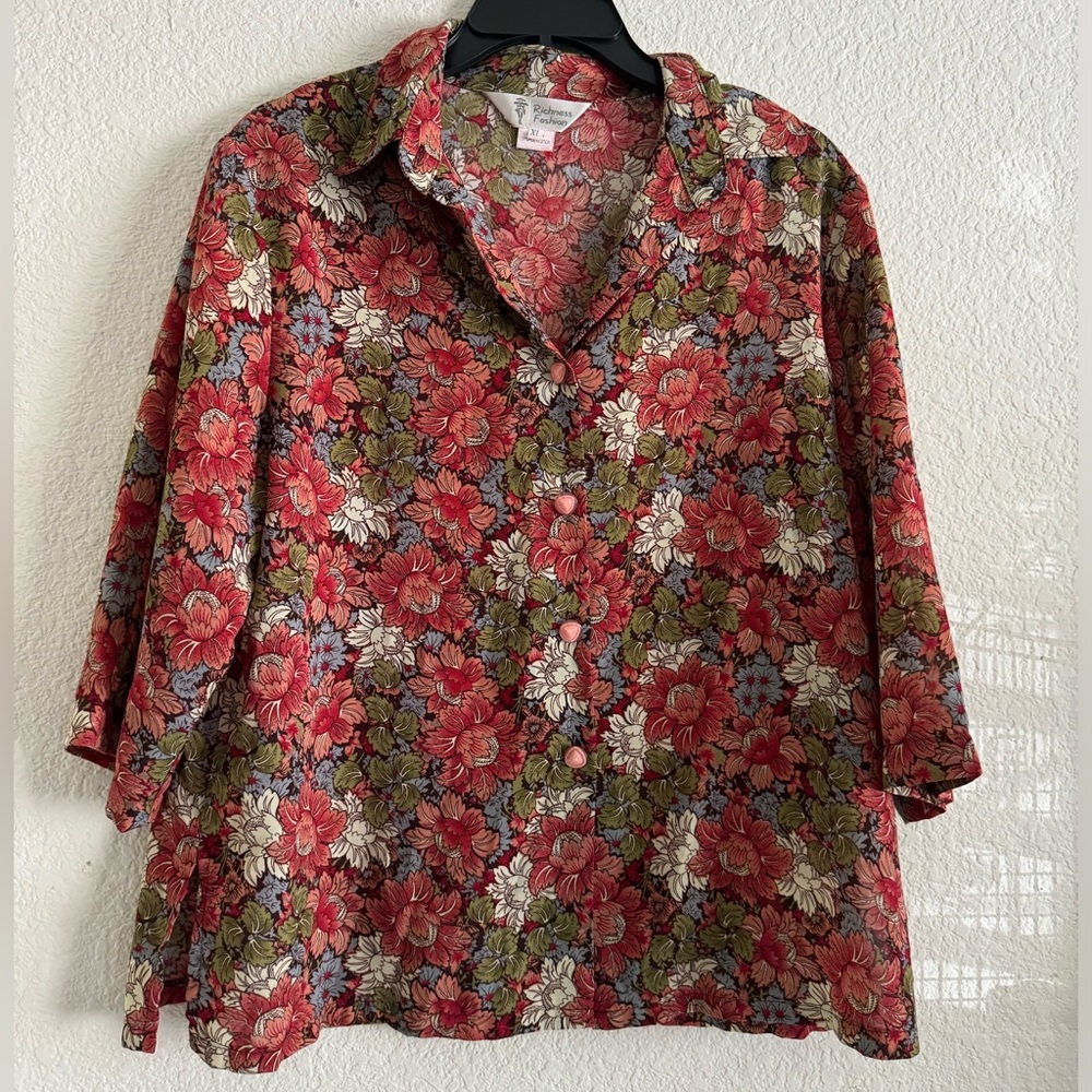 Chrysanthemum Floral Button Up Blouse - Pink Cream Blue Green - Size XL - Picture 1 of 7